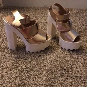 Gold and white platform chunky heels